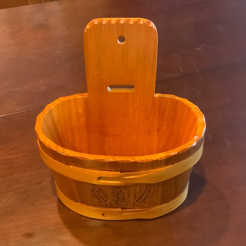 Vintage Scandinavian-Style Carved Staved Wood Banded Wall Basket